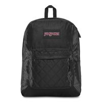 JanSport Super FX Backpack - Trendy School Pack With A Unique Textured Surface | Black Satin & Diamond Quilting