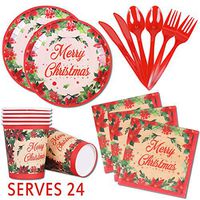 Christmas Paper Plates and Napkins 9" Flower Disposable Tableware Decorations Luncheon Dinnerware, Serves 24