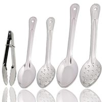 Serving Basting Spoons and Tongs Heavy Gauge Stainless Steel, Set of 5 - 15" & 11" Perforated Spoon + 15" & 11" Solid Spoon + 9" Serving Tongs