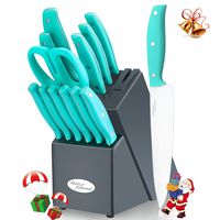 Knife Block Set, Kitchen Knife Set with Block, KYA24 14 Pieces Japanese Steel Knife Set, Knives Set with Block and in-Block Sharpener, with Steak Chef Knife Kitchen Scissor FDA Certified Turquoise