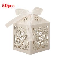 Lucky Monet 25/50/100PCS Love Heart Laser Cut Wedding Candy Gift Box Chocolate Box for Wedding Favor Birthday Party Bridal Shower with Ribbon (50pcs, Beige)