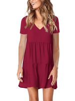 Amoretu Womens Short Sleeve Summer Dresses V Neck Swing Tunic Dress Burgundy XXL
