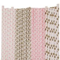 Gold and Pink Paper Straw Mix - Polka Dot, Damask (100)