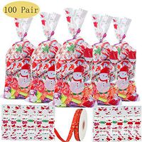 100 Pieces Christmas Cellophane Treat Bags 75 ft Gift Ribbon Candy Cookies Goodie Gift SnowmanPatterns Bags Christmas Party Supplies