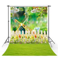 MEHOFOTO Happy Easter Photography Backdrop Colorful Eggs Garden White Flowers Windmill Grass Kid Bokeh Photo Studio Booth Background 5x7ft