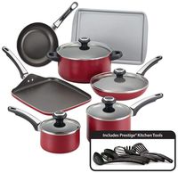 Farberware 21808 High Performance Nonstick Cookware Pots and Pans Set Dishwasher Safe, 17 Piece, Red