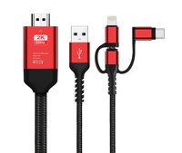 3 in 1 HDMI Adapter Cable, Lighting/Type-C/Micro USB to HDMI Cable Digital Audio Mirror Mobile Phone Screen to TV Projector Monitor 1080P HDTV Adapter for iOS and Android Devices 2.0m/6.5FT (Red)
