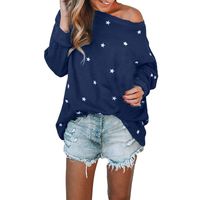 QIBOOG Teen Women Girl Long Sleeve Casual Loose Sleeve Cotton Star Pattern Sweat T-Shirt Blouses Off Shoulder Tops (Blue, XXXXXL)