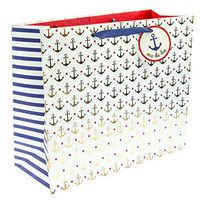 Graphique Gold Anchor Large Gift Bag - Embellished Gold Foil Anchor Pattern on White Background, Grosgrain Navy Blue Ribbon Handles and Coordinating Gift Tag, 12.5" x 10.5"