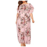 Sakoid Womens Floral Print Plus Size Dress Retro O-Neck Short Sleeve Gowns Girls Casual High Waist Bandage Dress(Pink,XXXXXL)
