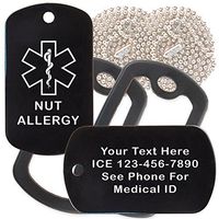 Custom 2 Pack - Nut Allergy Medical Alert ID Necklaces with Black Custom Tags, Black Silencers, and 30'' USA Chains