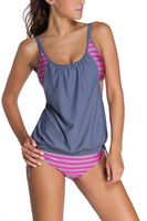 Dokotoo Womens Stripes Lined Up Double Up Tankini Top Bikini Swimwear,(US 6-8)M,Grey
