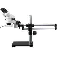 AmScope SM-5BZ-144S Professional Binocular Stereo Zoom Microscope, WH10x Eyepieces, 3.5X-90X Magnification, 0.7X-4.5X Zoom Objective, 144-Bulb LED Ring Light, Ball-Bearing Double-Arm Boom Stand, 110V-240V, Includes 0.5X and 2.0X Barlow Lenses