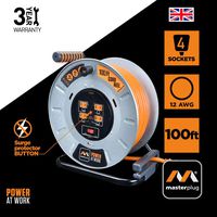 Masterplug Heavy Duty Metal Cord Reel with 4-120V 15amp Integrated Outlets and 12 Gauge High Visibility Cord (100ft)