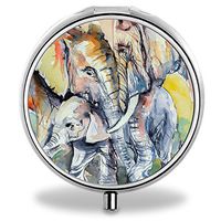 Elephant Fmily Pill Case, Round Stainless Drug Organizer Container Medicine Cover for Pocket Daily&Weekly