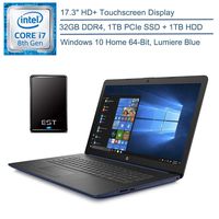 2020 HP 17.3" HD+ Touchscreen Laptop Computer, 8th Gen Intel Quad-Core i7 8565U up to 4.6GHz, 32GB DDR4 RAM, 1TB PCIe SSD + 1TB HDD, DVDRW, AC WiFi, Blue, Windows 10 + EST 500GB External Hard Drive
