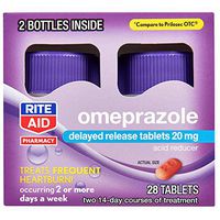 Rite Aid Acid Reducer Omeprazole Delayed Release Tablets - 20 mg, 2 Bottles, 14 Count Each (28 Count Total) - Heartburn Relief - Heartburn Medicine - Treats Frequent Heartburn