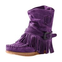 Women's Moccasins Ankle Boots,Tsmile Retro Chic Suede Adjustable Buckle Round Toe Tassel Fringe Flat Short Boots Purple