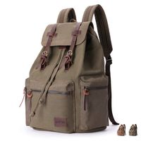 FLEXIPAGE Leather Canvas Vintage Retro Backpack High Capacity College School Hiking Travel Laptop Schoolbag for Men Women (Army Green)