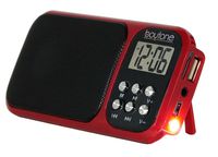 Boytone BT-92R Portable FM Transistor Radio Alarm Clock with Earphones, Rechargeable Battery, Built-in Speaker, Countdown Timer, LCD Tuning & Carry Strap + USB, Micro SD Slot, AUX, LED Flash Light