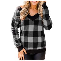 Sunhusing Women's Loose V-Neck Long Sleeve Plaid Printed Stitching Casual Short Sweatshirt Pullover Tops(Gray,2XL)
