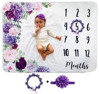 Baby Monthly Milestone Blanket | Includes Floral Wreath & Headband | 1 to 12 Months | 100% Premium Extra Soft Fleece | Best Photography Backdrop Photo Prop for Newborn | Baby Girl