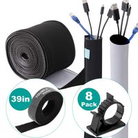 YOUMILE Cable Management Sleeve, 256" (6m) Cable Organizer with 8 Clips and 1 Roll Cable Strap, DIY Adjustable Black - White Neoprene Cable Management for Desk TV PC Computer Home Office