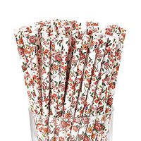 Rose Floral Paper Straws 7.7 Inches - 100 Pack - Paper Drinking Biodegradable Paper Straws- Bulk Paper Straws for Juices, Shakes, Smoothies, Party Supplies Decorations
