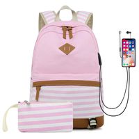 Waterproof Canvas Backpack for College Girls Women USB Charging Port Fits 14" Laptop Backpack Daypack School Bookbag (Pink)