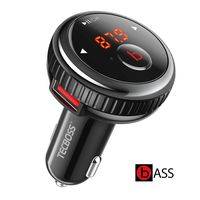 [Enhanced Bass] TECBOSS Bluetooth FM Transmitter for Car, FM Transmitter Bluetooth v5.0, Support Hands-Free Calling, Play Music, 2-Port USB Car Charger, World First One Key Switch Bass Technology