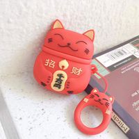 BONTOUJOUR AirPods Case, Super Cute Creative Chinese Rich Money Cat Lucky Kitty Fortune Cat Theme TPU Silicone Cover Protective Skin for AirPods 1&2+Hook-Red