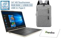 2019 HP 14 Inch HD Touchscreen Premium Laptop PC, Intel Core i3-8145U (Beat i5-7200U), 8GB RAM, 128GB SSD, USB 3.1 Type C, Fingerprint Reader, Gold, W/ Legendary Computer Backpack & Mouse Pad Bundle