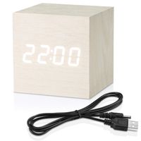 MiCar Digital Alarm Clock, Wood LED Light Mini Modern Cube Desk Alarm Clock Displays Time Date Temperature for Kids, Bedroom, Home, Dormitory, Travel (White)
