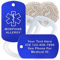 Custom 2 Pack - Morphine Medical Alert ID Necklaces with Blue Custom Tags, White Silencers, and 30'' USA Chains