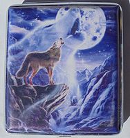 Metal Cigarette Case Wolf Design - Book Open Style - Fits 100s