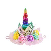 Unicorn Headband Birthday Flower Lace Crown Hairband for Photography Prop (Rainbow)