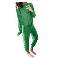 Wadonerful-women Sports Suit Fall Loose Solid O Neck Long Sleeve Sweatshirt Top+Pant Tracksuit 2 Piece Loungewear Set (L, Green)
