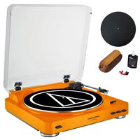 Audio-Technica Fully Automatic Stereo Turntable System Orange (AT-LP60OR) + Universal 12" Silicone Rubber Turntable Platter Mat & Vinyl Record Cleaning Fluid System with Brush