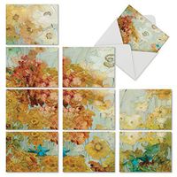 The Best Card Company - 10 Blank Flower Cards Boxed (4 x 5.12 Inch) - Assorted Floral Notecard Set - Batik Blossoms M6590OCB