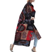 Armfre Tops Women's Vintage Tribal Print Trench Coat Lapel Long Sleeve Cardigan Jackets Open Front Longline Loose Fit Pea Coats Fall Winter Fashion Outwear Overcoat Purple S