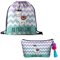 Chris.W 2Pcs Llama Drawstring Backpack Makeup Bag Pouch Set, Alpaca Gym Bags Cosmetics Organizer Birthday Party Favors(Zig Zag)