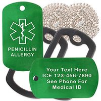Custom 2 Pack - Penicillin Allergy Medical Alert ID Necklaces with Green Custom Tags, Black Silencers, and 30'' USA Chains