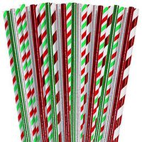 Cooraby 200 Pieces Christmas Foil Paper Straws Red Green White Stripe and Solid Biodegradable Drinking Paper Straws for Wedding Supplies and Party Favors, 5 Styles