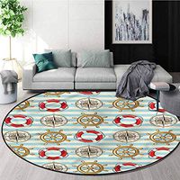RUGSMAT Nautical Art Deco Pattern Non-Slip Washable Round Area Rug,Life Buoy Helm Compass Pattern Floor Seat Pad Home Decorative Indoor Round-51
