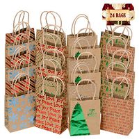Christmas Holiday Kraft Gift Bags, foil red Green Silver and Blue hot-Stamp Designs,Strong Matching Raffia Handle 24 Small Bags in Assorted Christmas Prints, Christmas Goody Bags Xmas Gift Bags