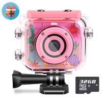 Waterproof Kids Camera Camcorder 12MP HD Kids Action Camera Video Recorder Underwater 32G SD Card - Birthday, Christmas, Festival Gifts for 4-12 Girls (Pink)