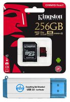 Kingston 256GB SDXC Micro Canvas React Memory Card and Adapter Bundle Works with GoPro Hero 7 Black, Silver, Hero7 White Camera (SDCR/256GB) Plus 1 Everything But Stromboli (TM) 3.0 TF/SD Card Reader