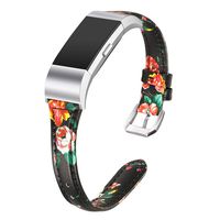 bayite Bands Compatible with Fitbit Charge 2, Slim Genuine Leather Band Replacement Accessories Strap Charge2 Women Men, Black/Red Floral Small