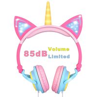 VERORAS Unicorn Kids Headphones, Glowing Unicorn Cat Ear LED Headphones for Children On/Over Ear, Wired Adjustable Foldable Headset, 85dB Volume Limited,Perfect for Kids Gift