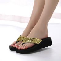 Hemlock Sequins Slipper Flip Flops, Women Bohemia Floral Beach Slippers Thongs Slippers Anti Slip Flip-Flops (US:6, Gold)